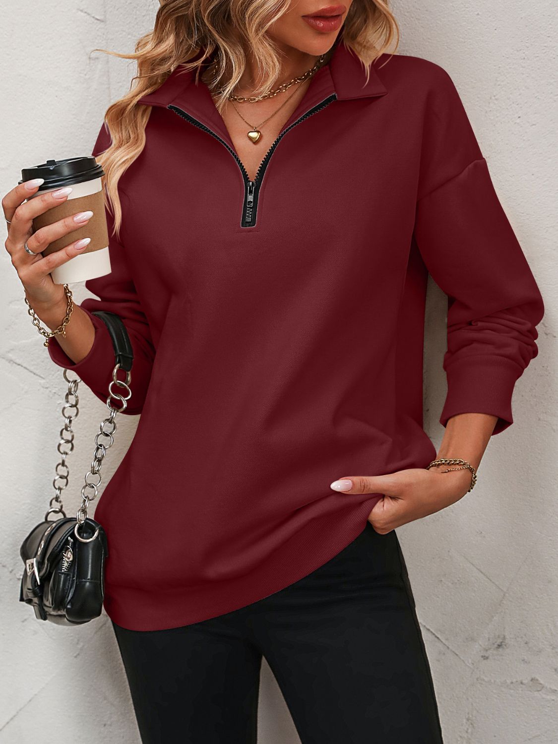 Mandy Half Zip Dropped Shoulder Sweatshirt