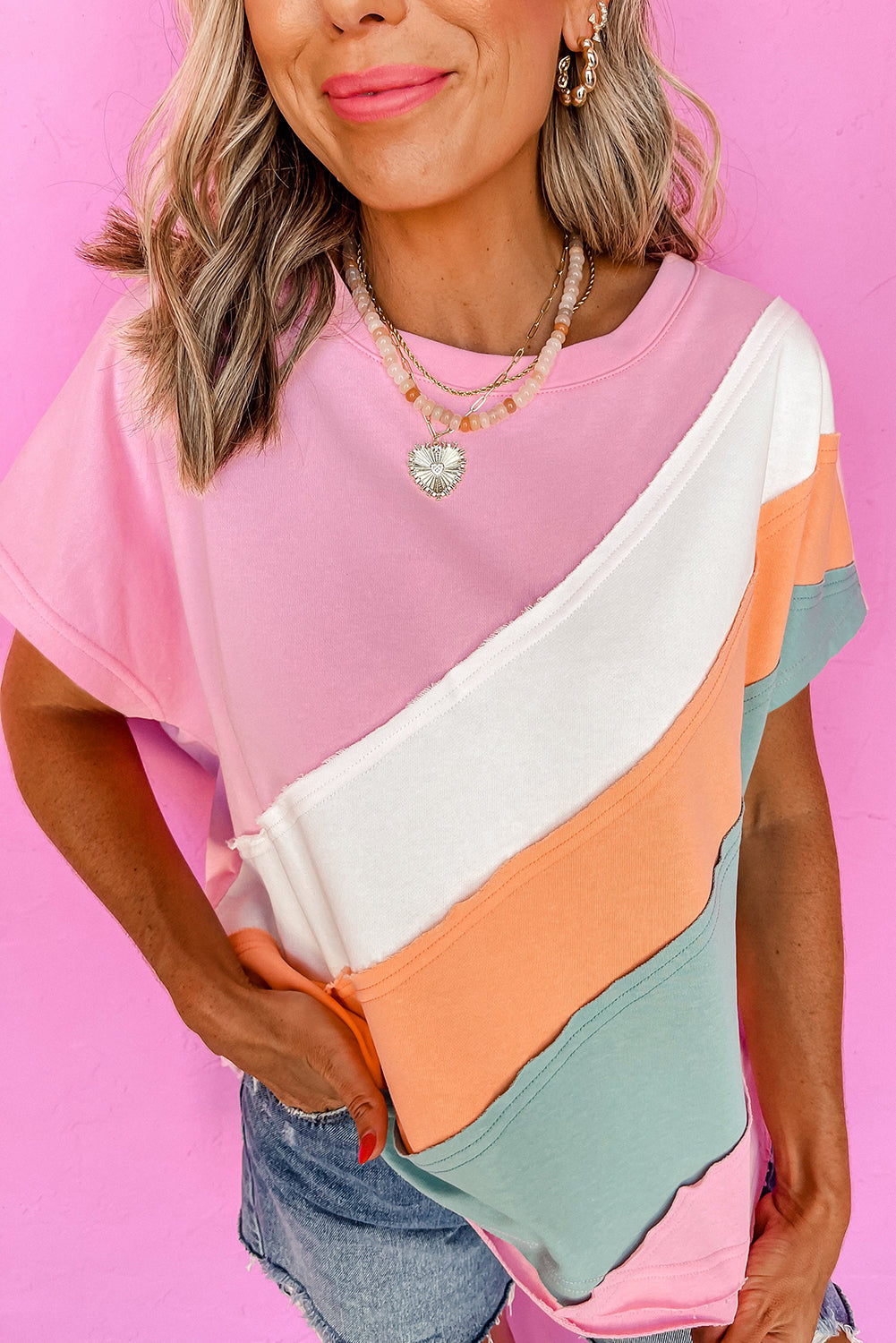Pink Patchwork Seam T-Shirt