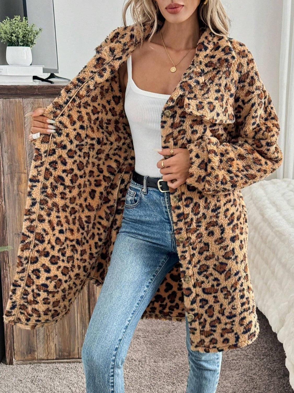 Leopard Button Up Fuzzy Coat