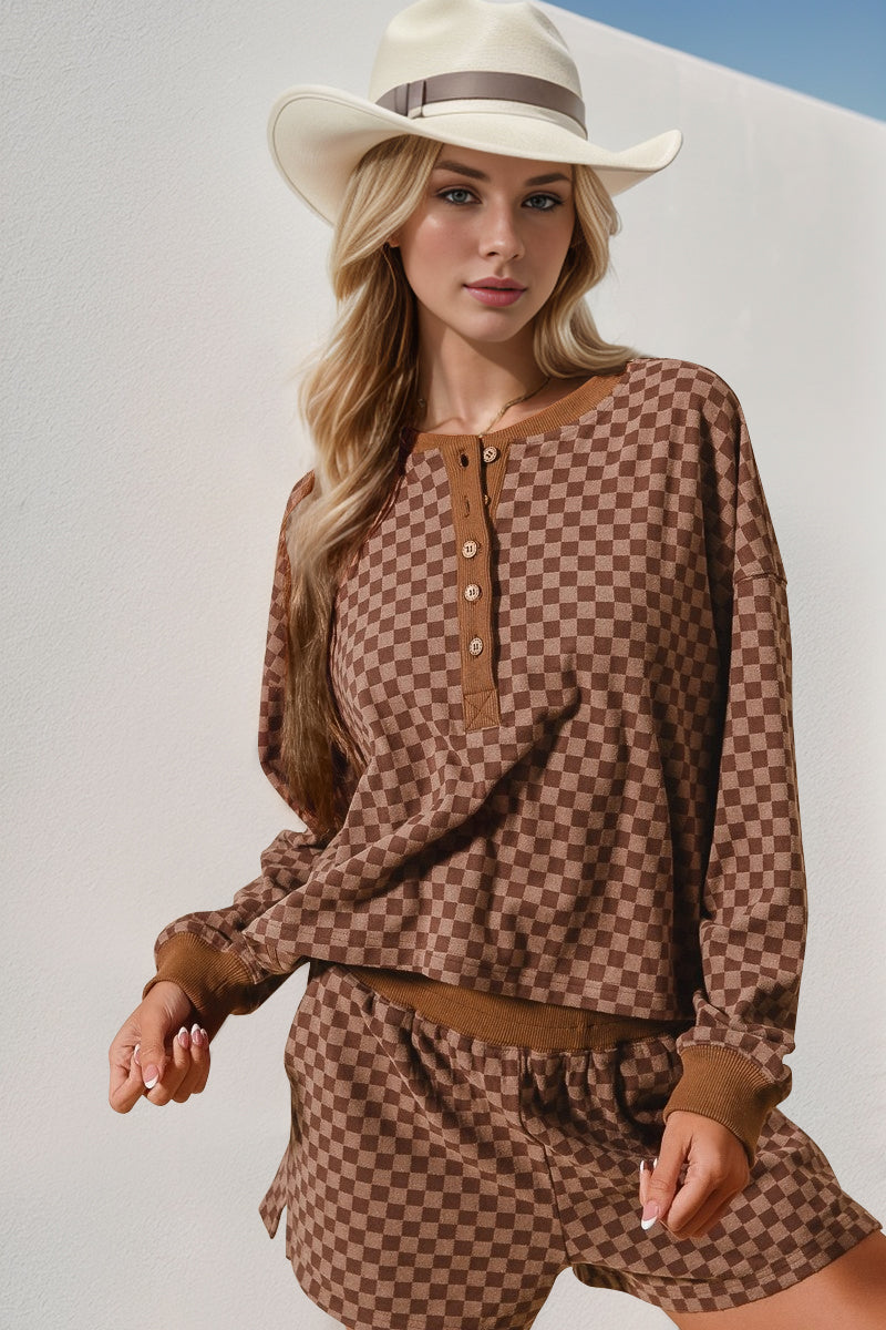 Checkered Long Sleeve Top and Shorts Set