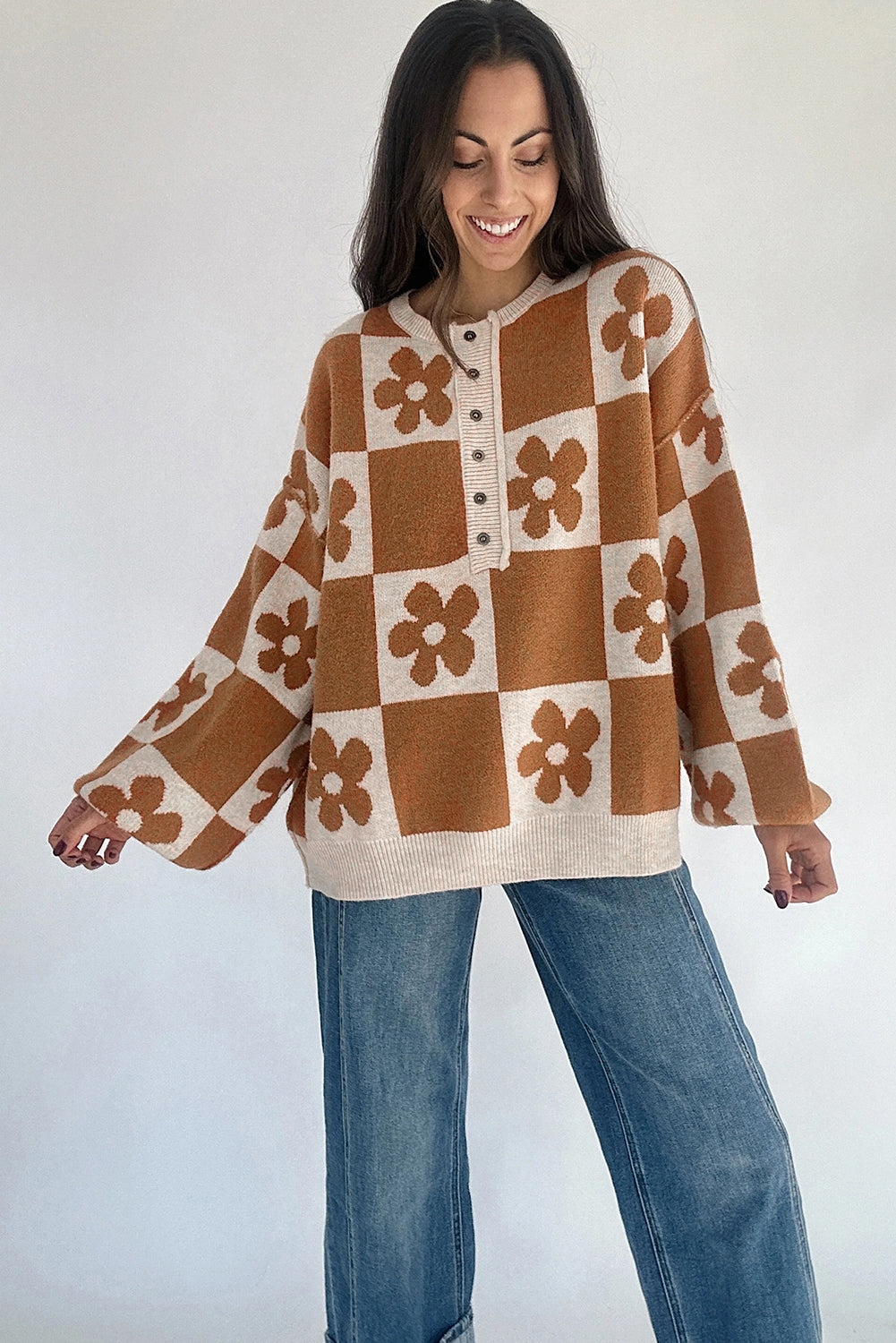 Flower Block Henley Sweater