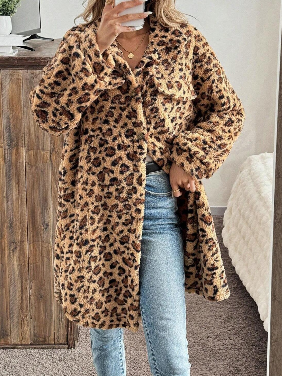 Leopard Button Up Fuzzy Coat