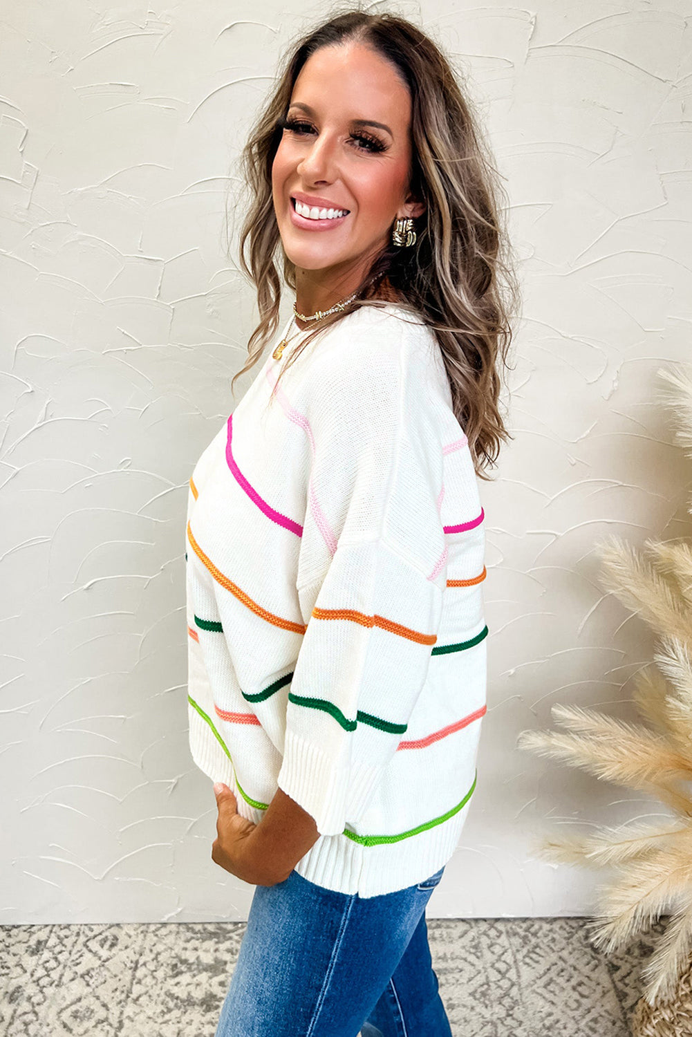 Colorful Stripe Half Sleeve Sweater