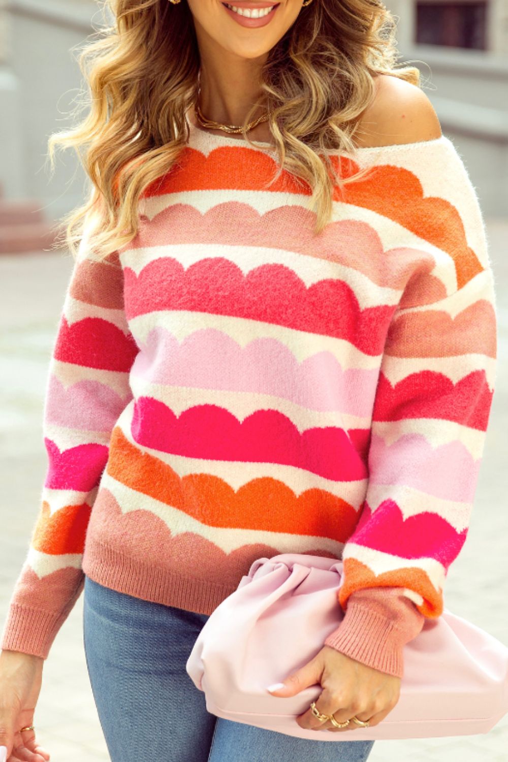Colorful Contrast Boat Neck Sweater