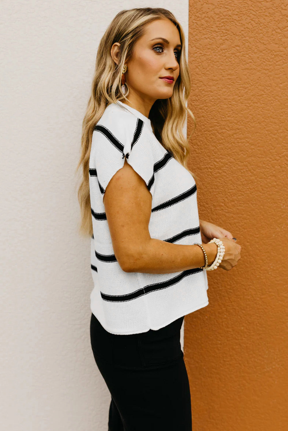 White Stripe Batwing Sleeve Sweater