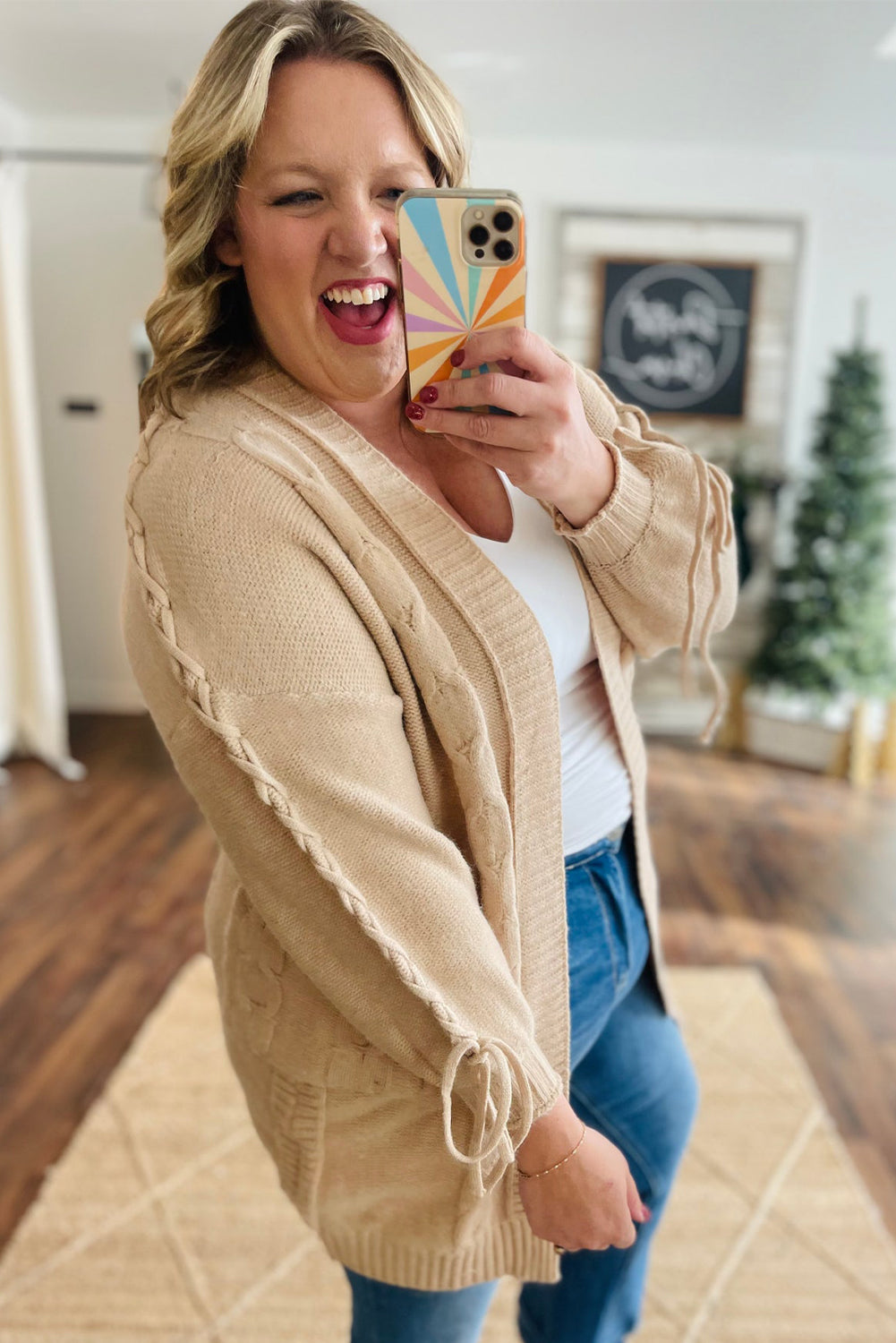 Braided Tie Sleeve Plus Size Cardigan