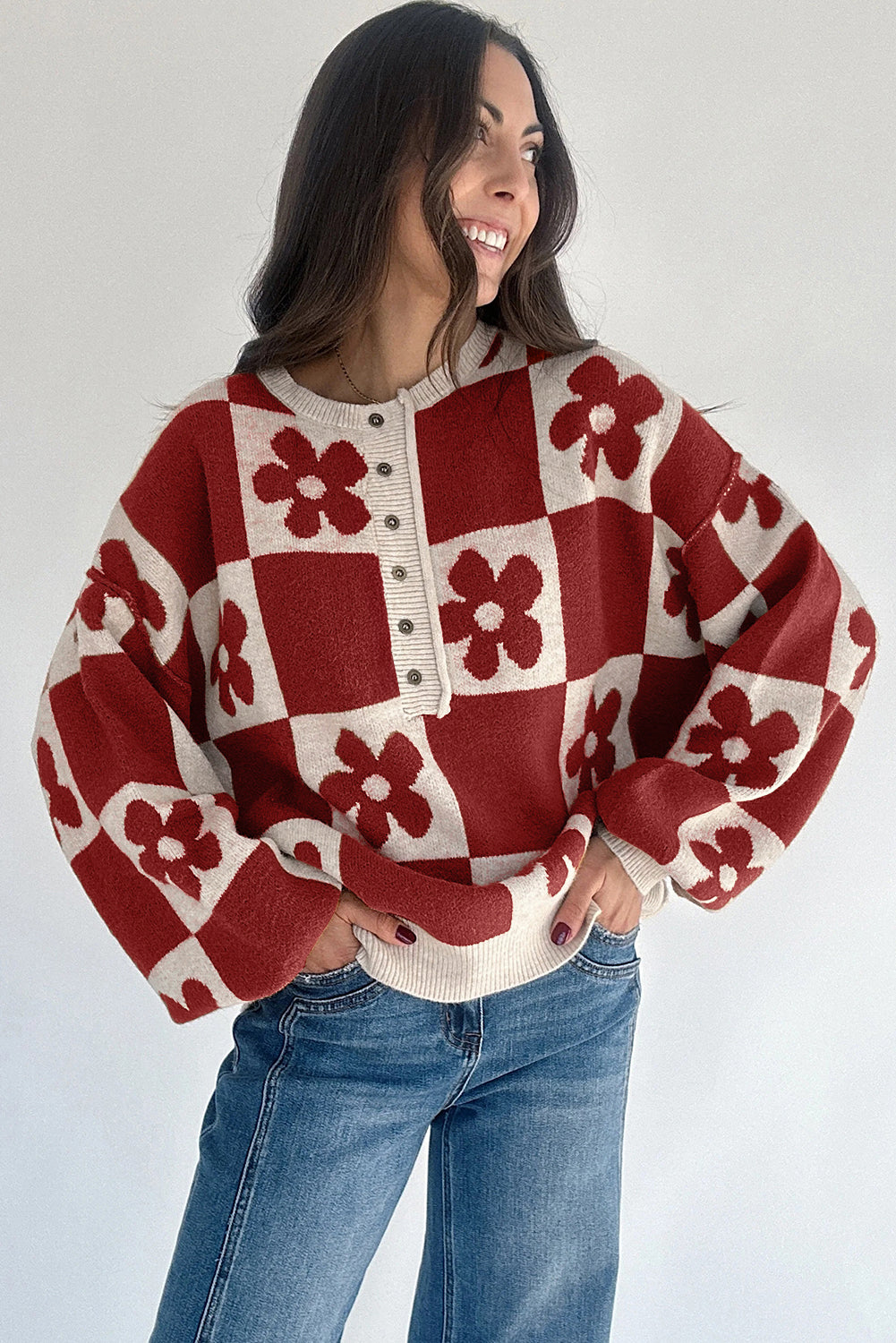 Flower Block Henley Sweater