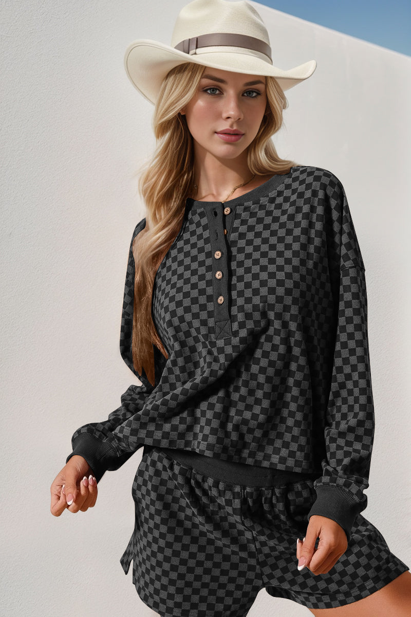 Checkered Long Sleeve Top and Shorts Set