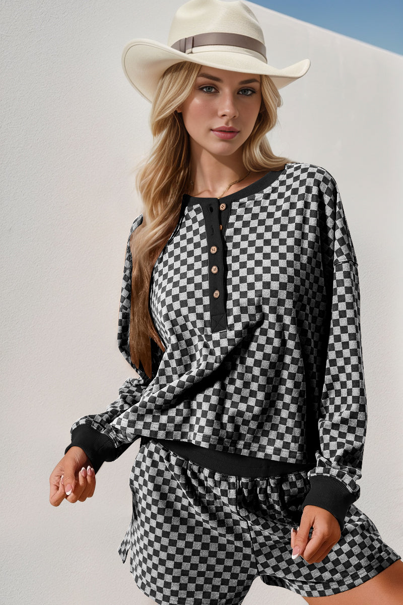 Checkered Long Sleeve Top and Shorts Set