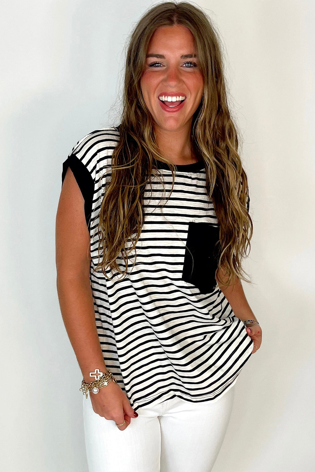 Black Stripe Chest Pocket Sleeveless Tee