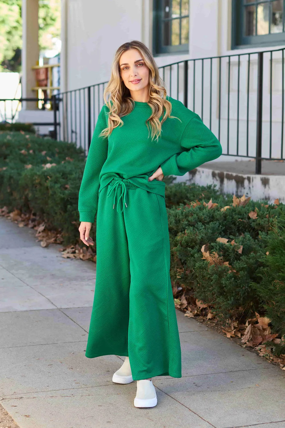 Textured Long Sleeve Top and Pants Set