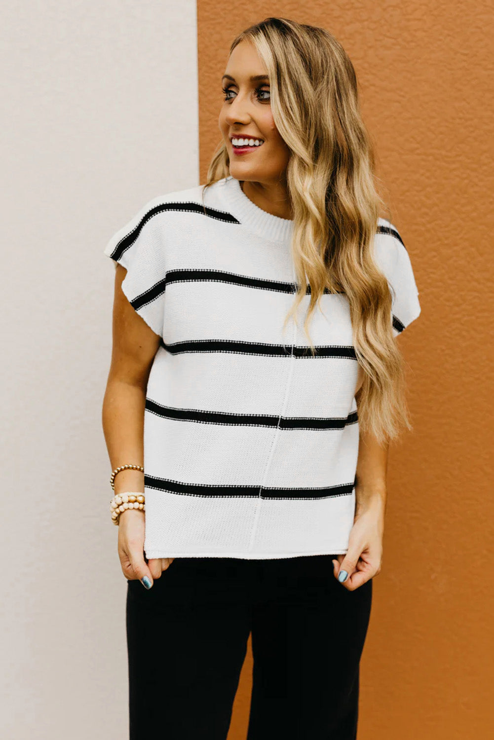 White Stripe Batwing Sleeve Sweater