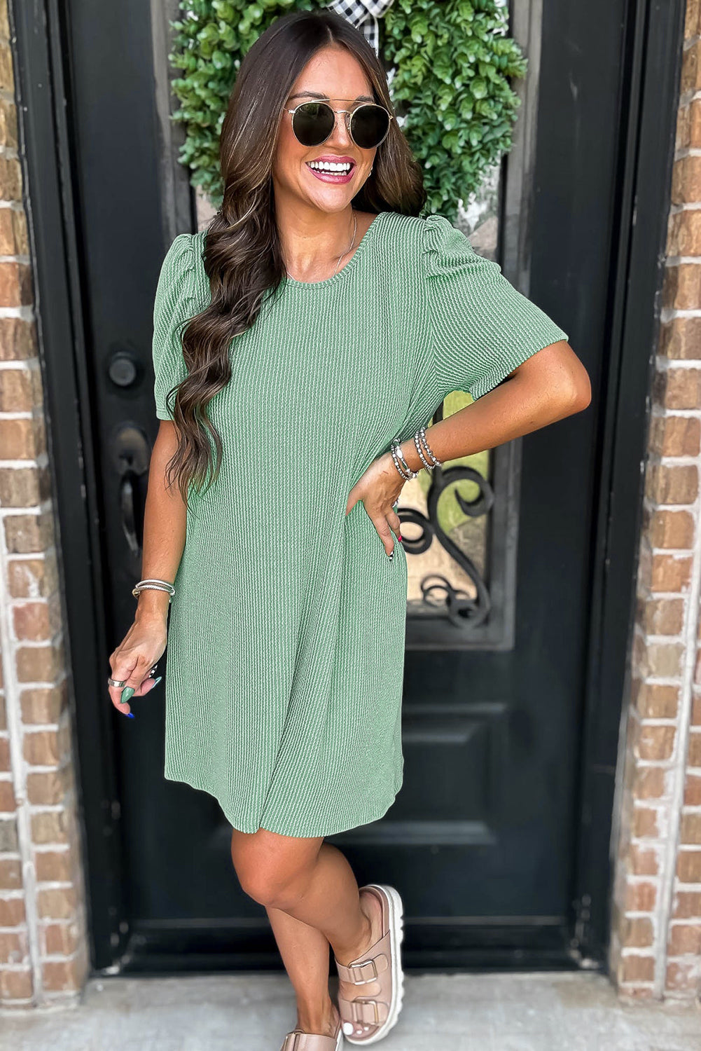Mint Green Puff Sleeve Mini Dress