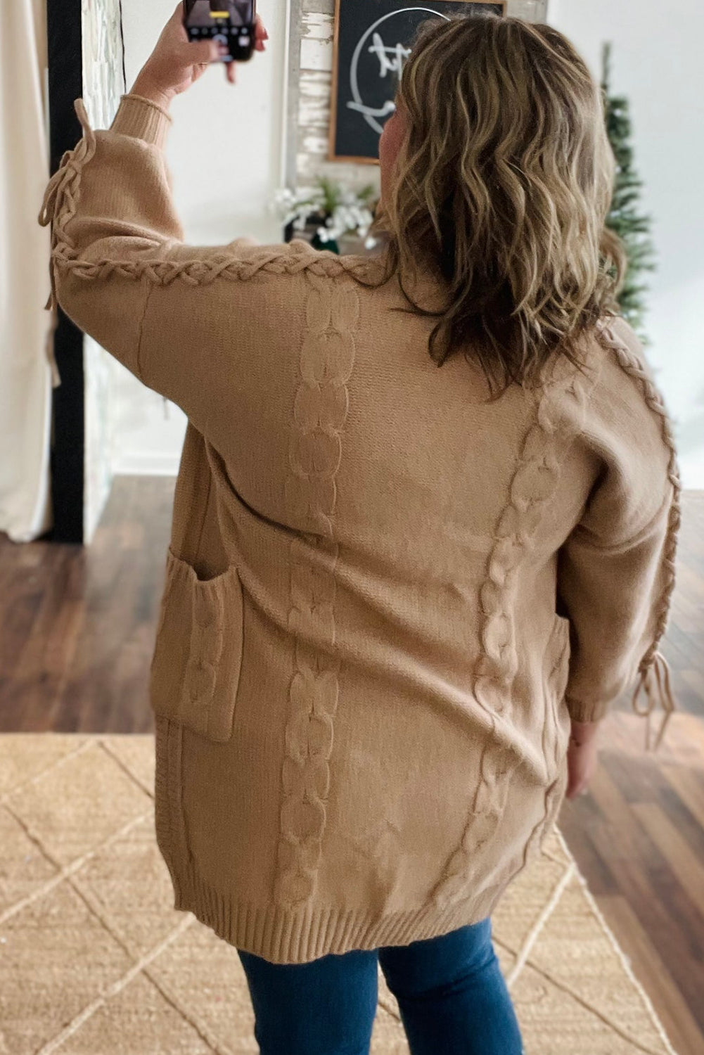 Braided Tie Sleeve Plus Size Cardigan