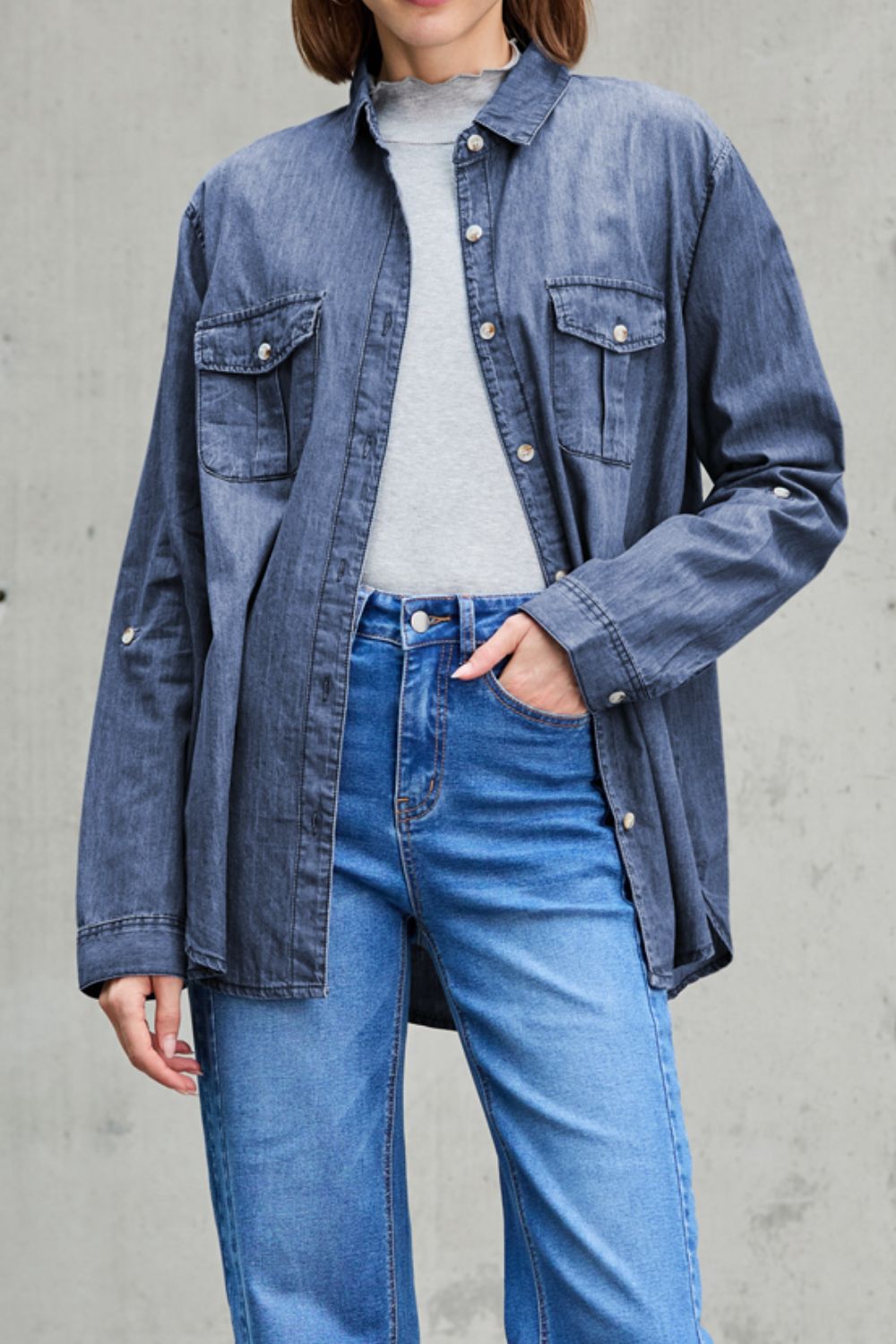 Pocketed Long Sleeve Denim Top