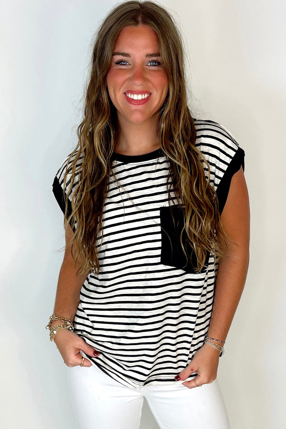 Black Stripe Chest Pocket Sleeveless Tee