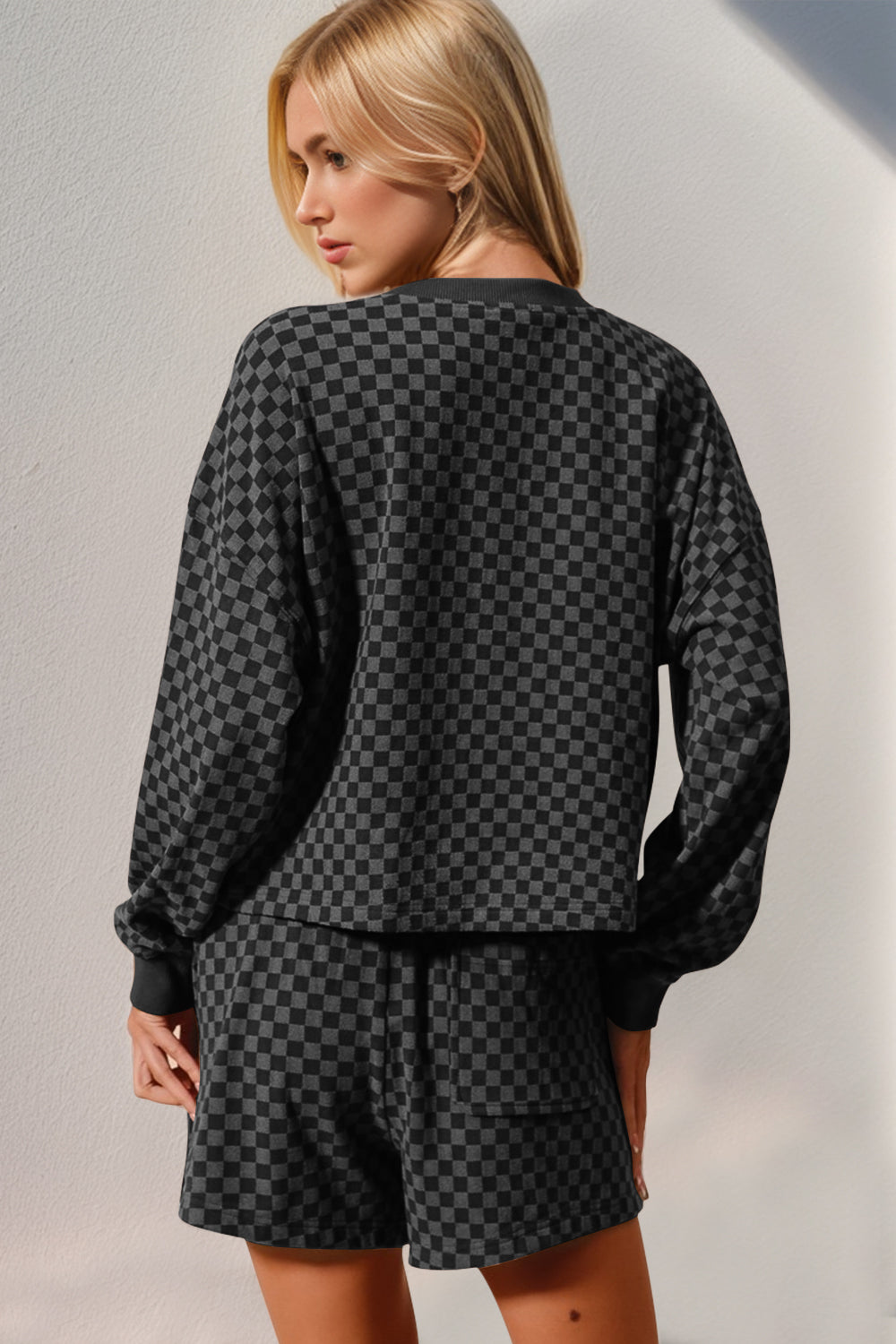 Checkered Long Sleeve Top and Shorts Set