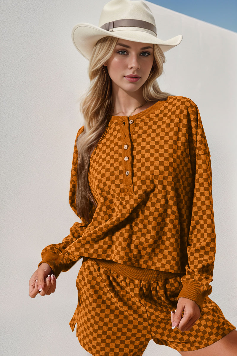 Checkered Long Sleeve Top and Shorts Set