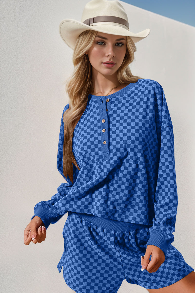 Checkered Long Sleeve Top and Shorts Set