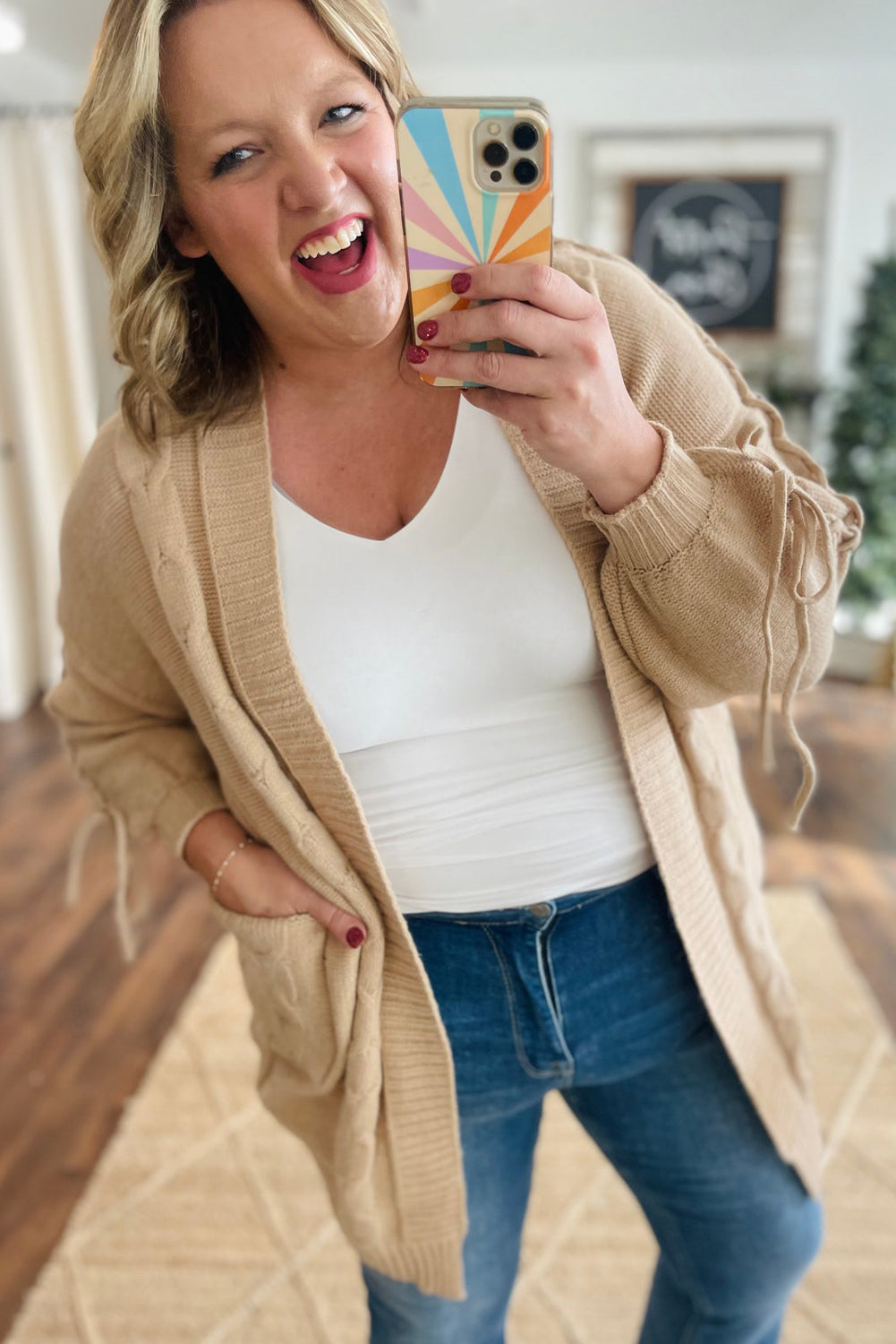 Braided Tie Sleeve Plus Size Cardigan