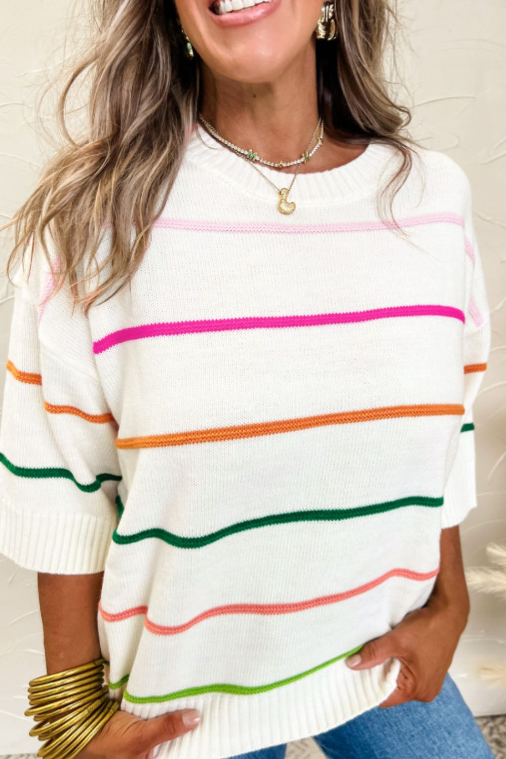 Colorful Stripe Half Sleeve Sweater