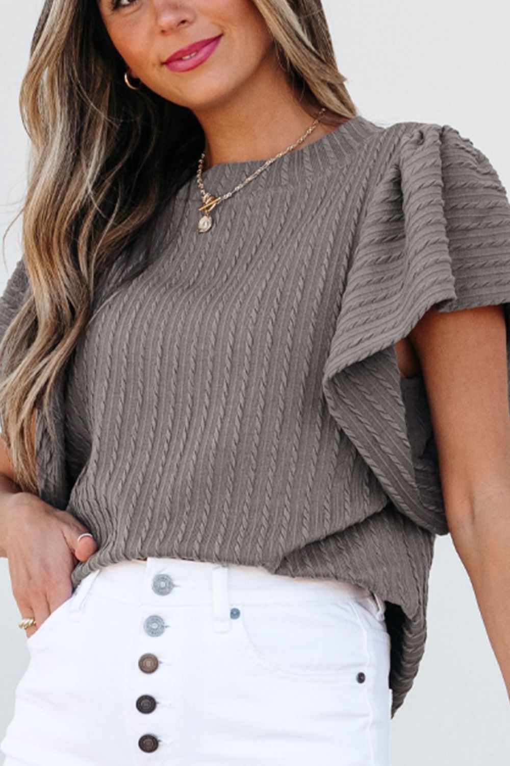 Textured Flounce Sleeve Blouse