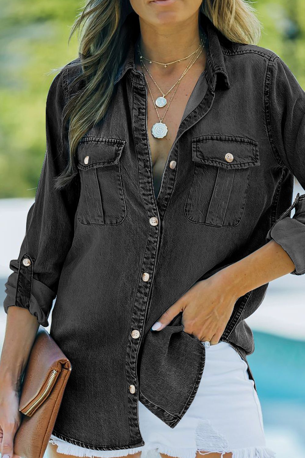 Pocketed Long Sleeve Denim Top