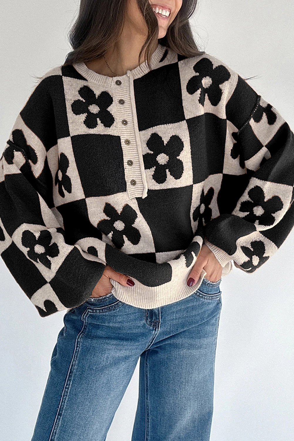 Flower Block Henley Sweater