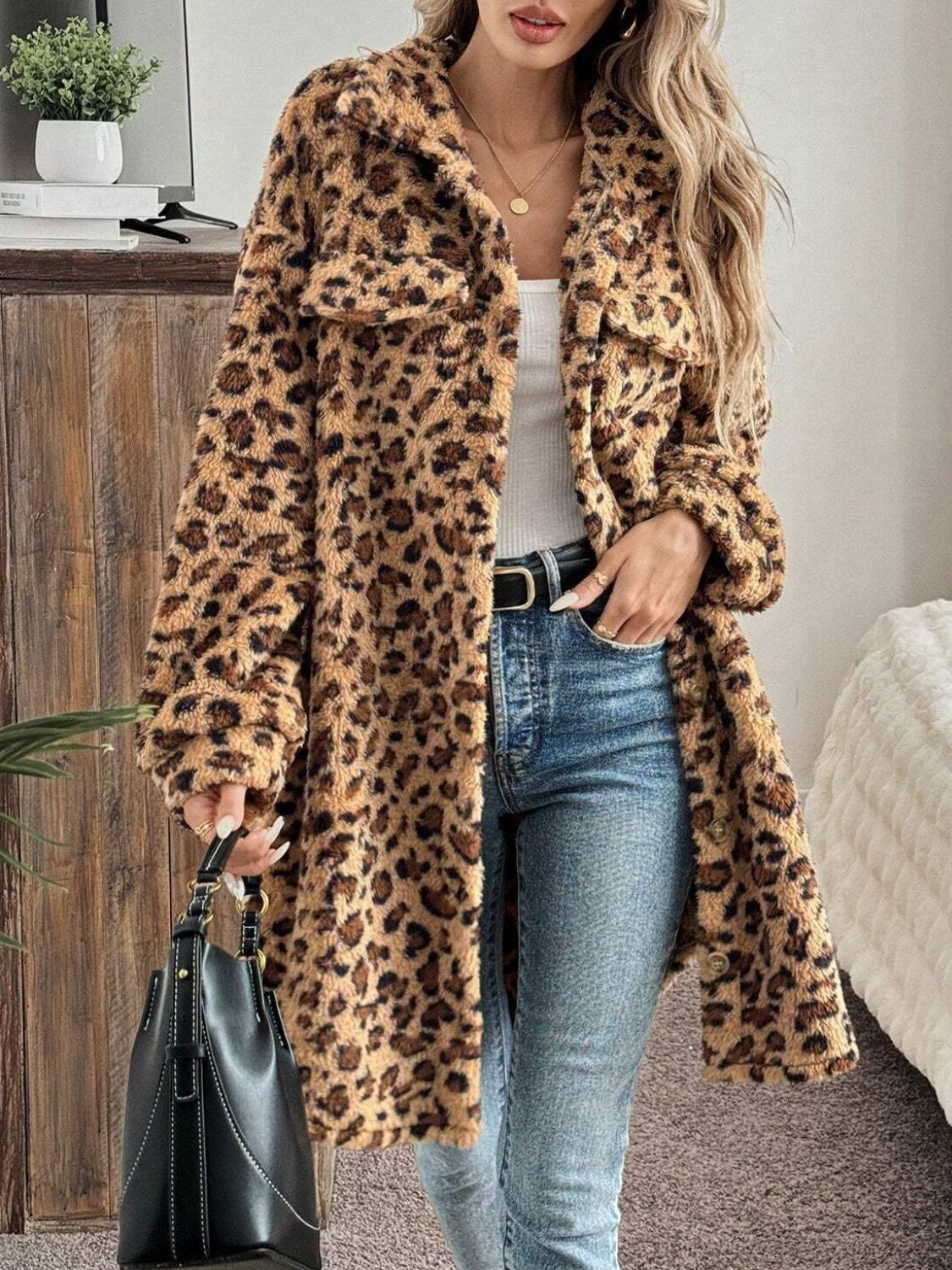 Leopard Button Up Fuzzy Coat