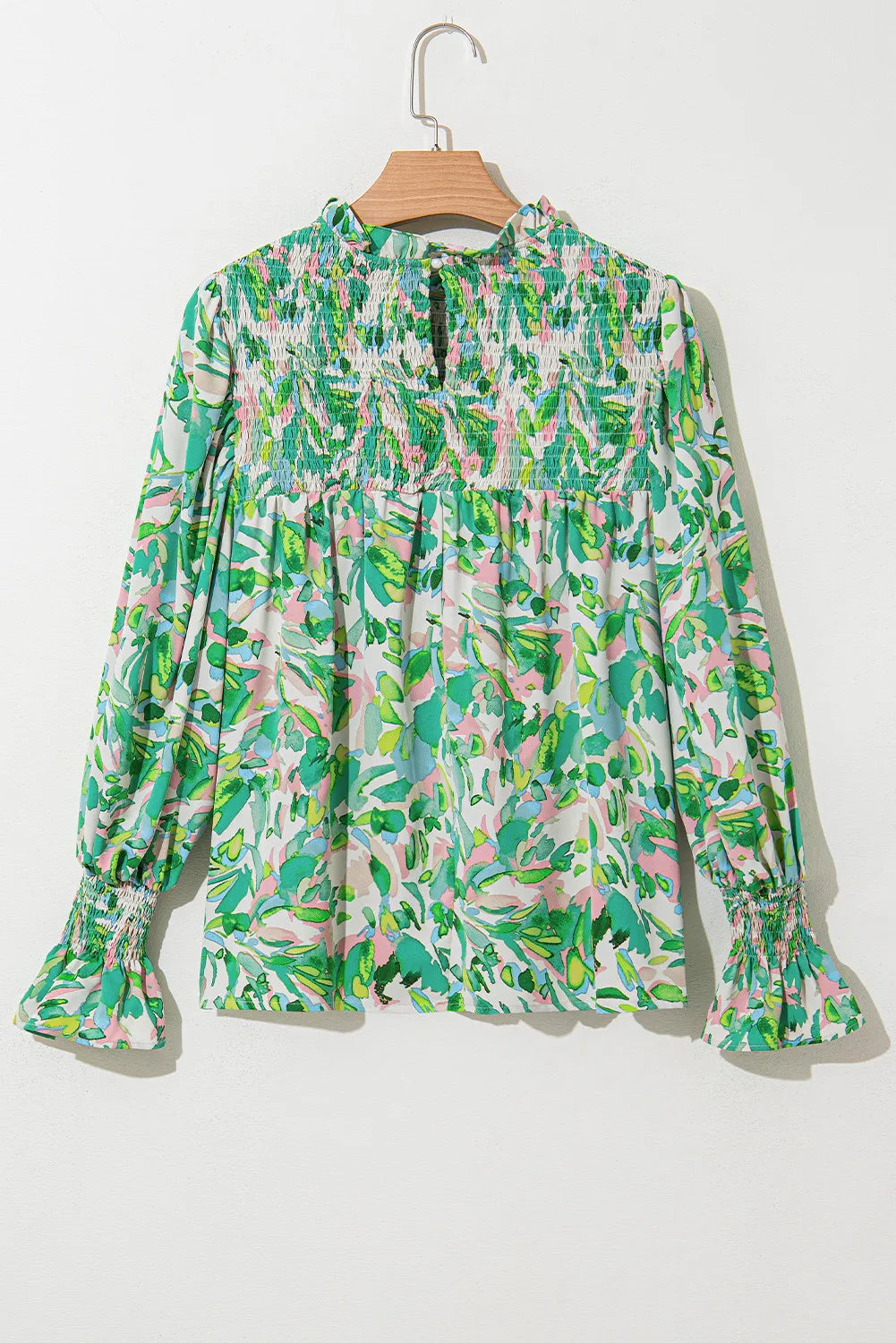 Green Abstract Flounce Sleeve Blouse