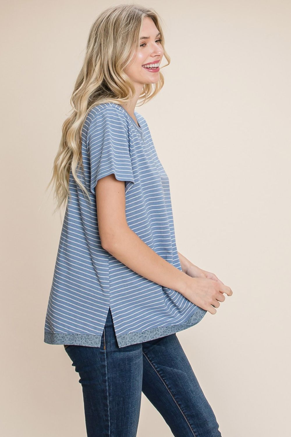 Denim Stripe Notched T-Shirt