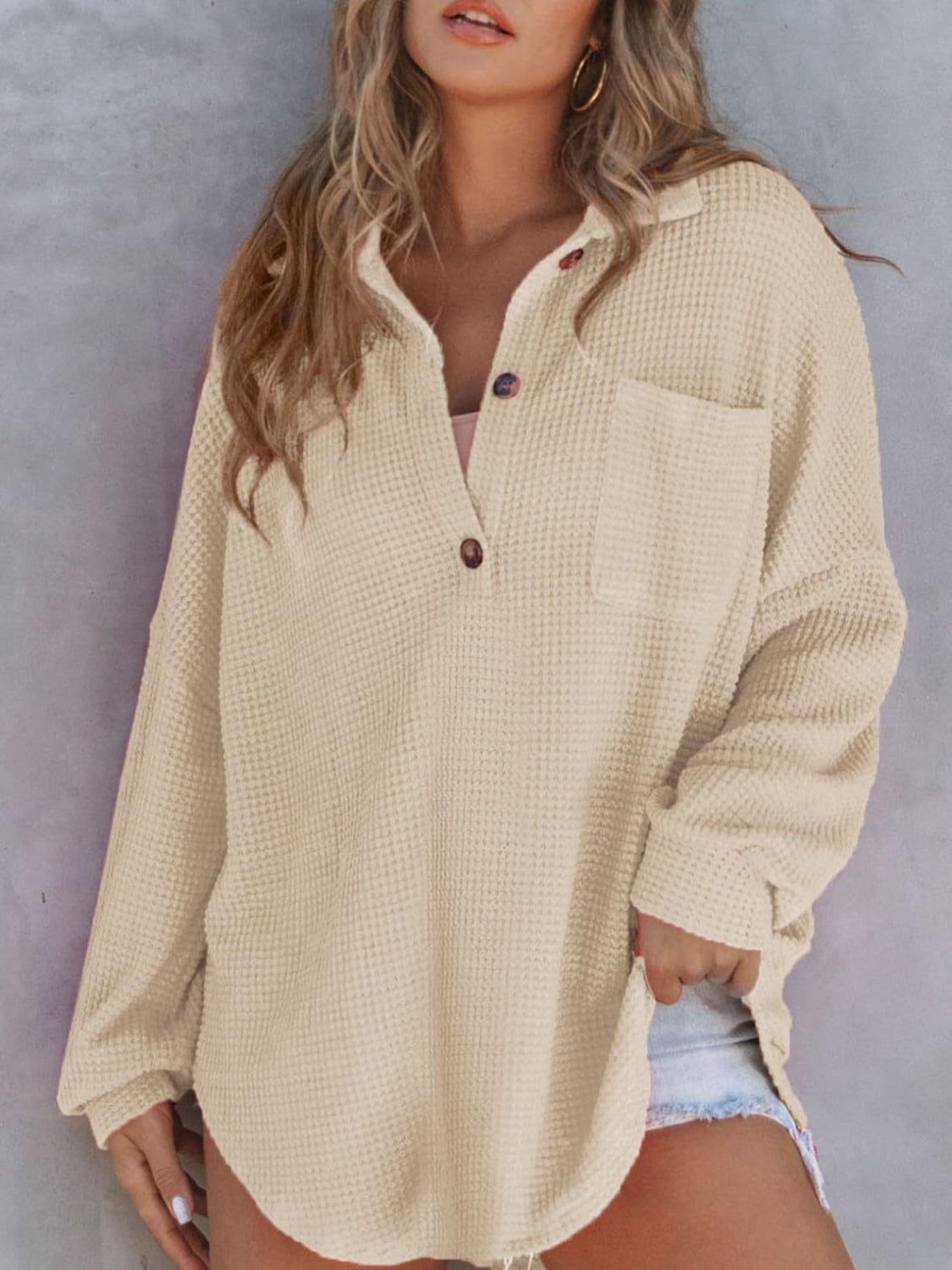 Waffle-Knit Dropped Shoulder Long Sweatshirt