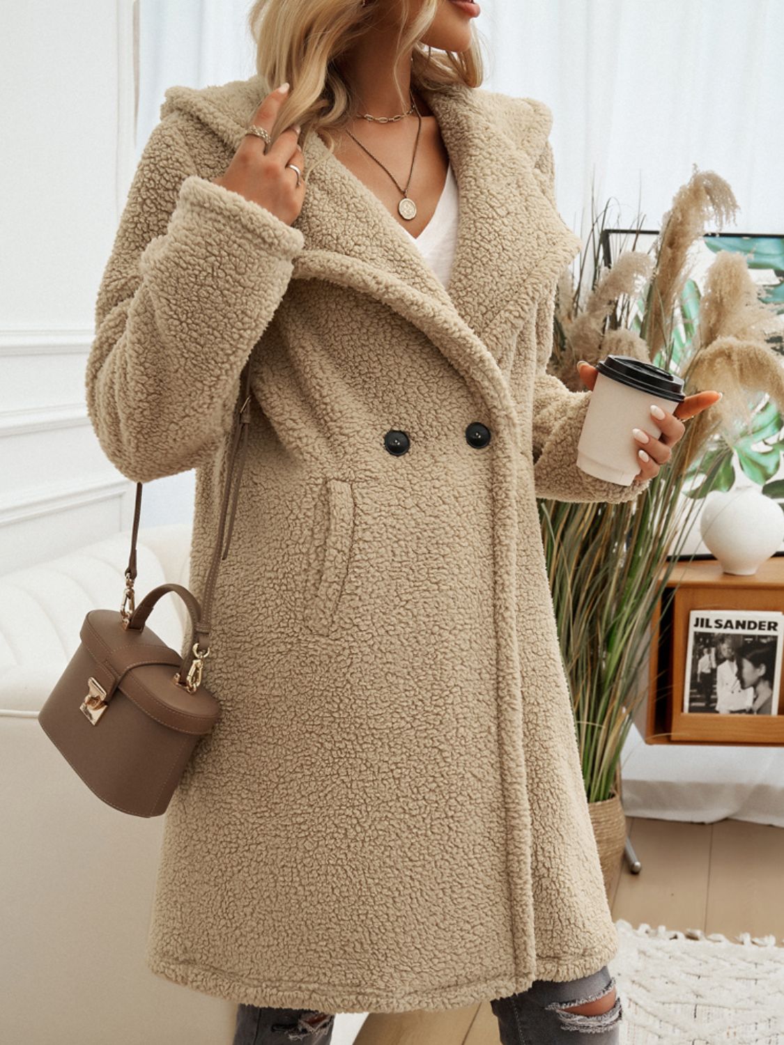 Pocketed Hooded Teddy Coat