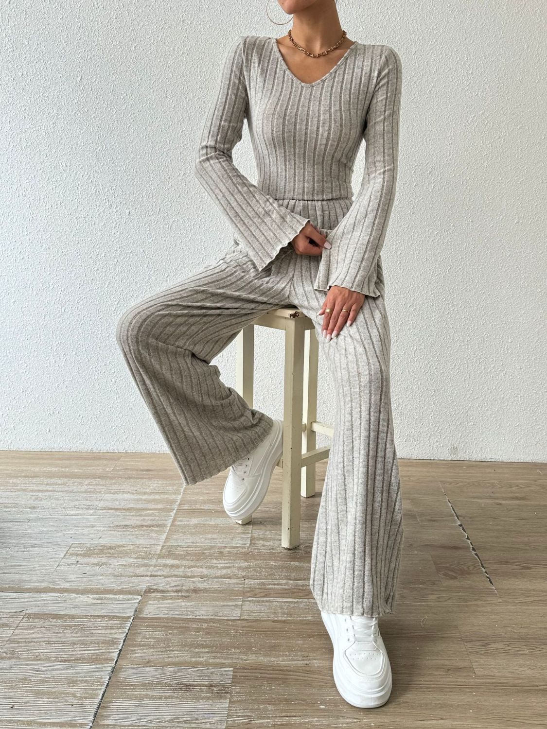 Ribbed Long Sleeve Top and Pants Set