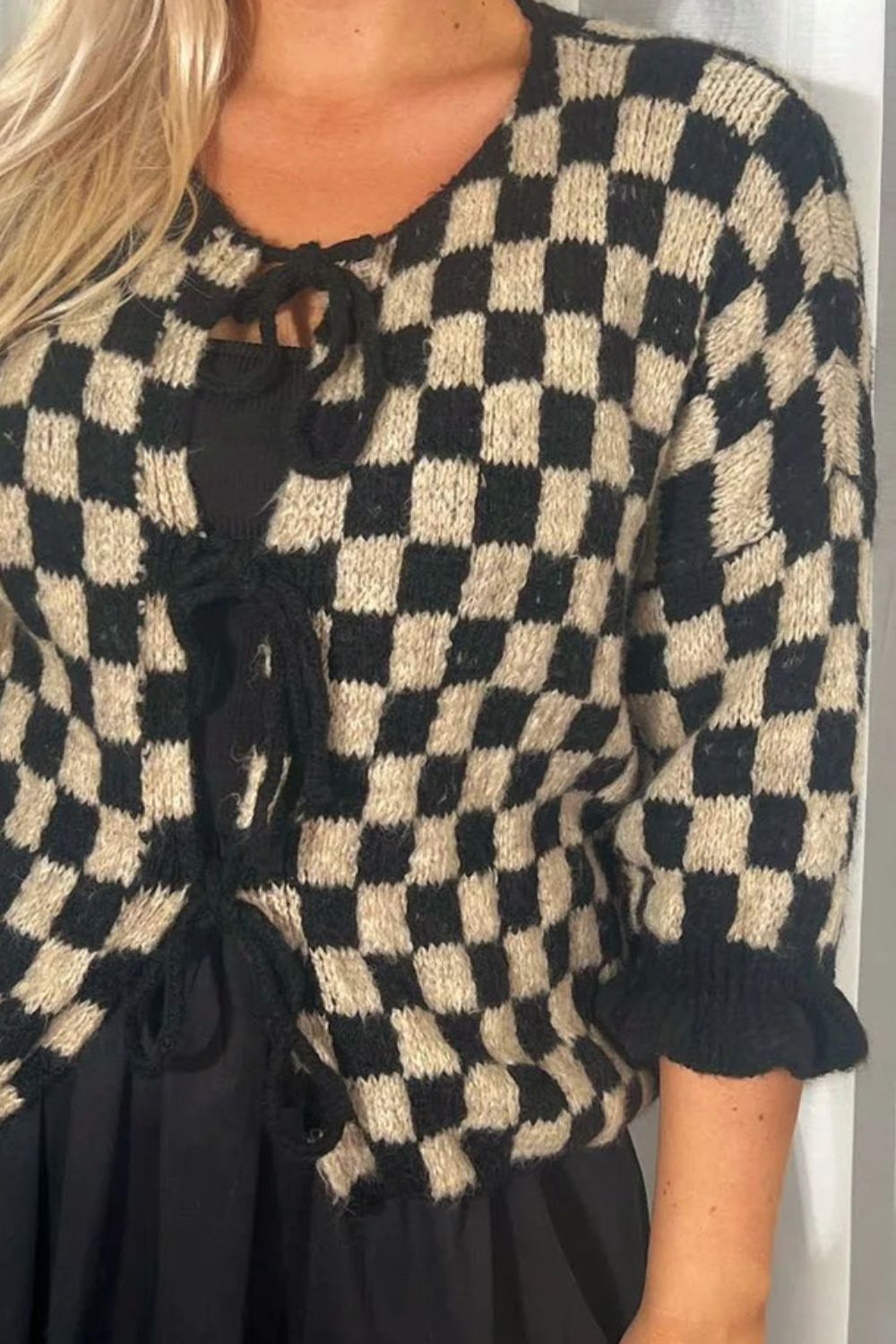 Checkered Flounce Sleeve Cardigan