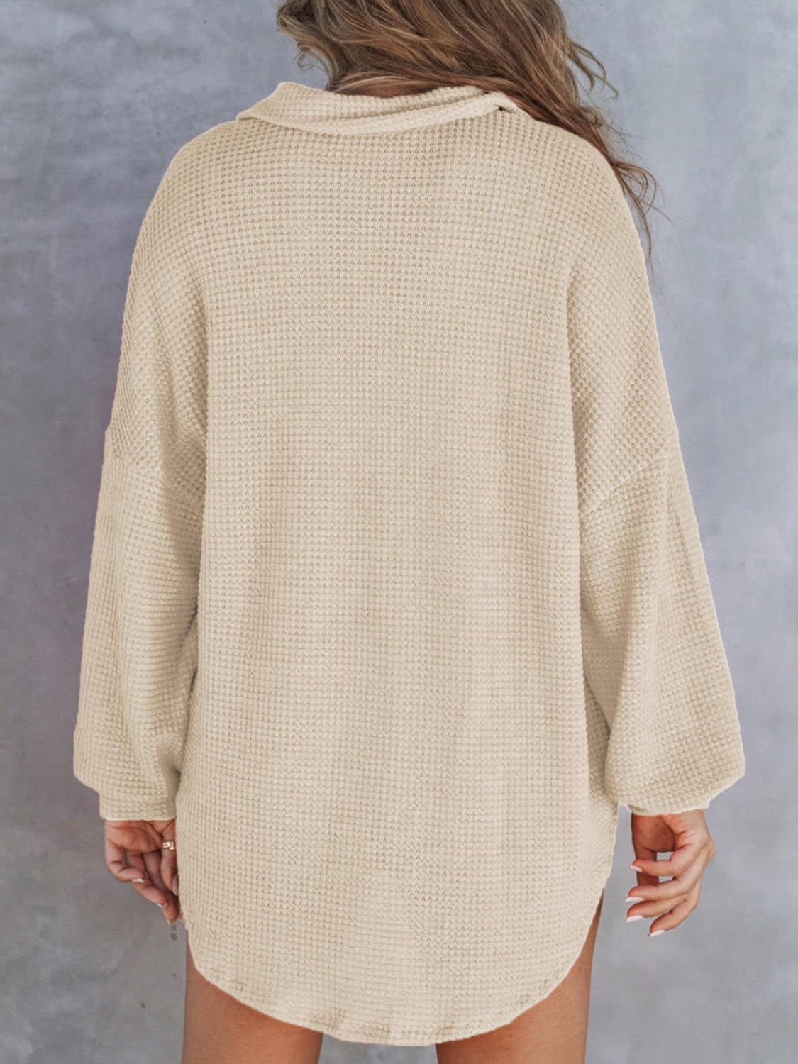 Waffle-Knit Dropped Shoulder Long Sweatshirt