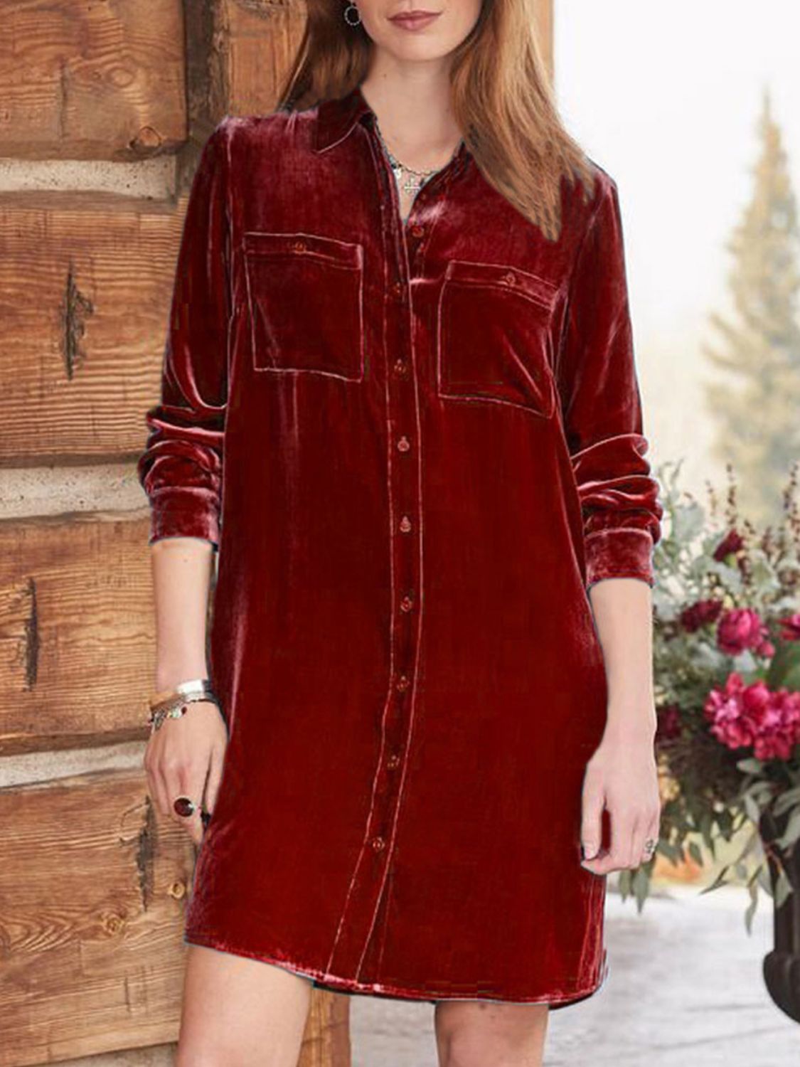 High-Low Button Up Velvet Dress