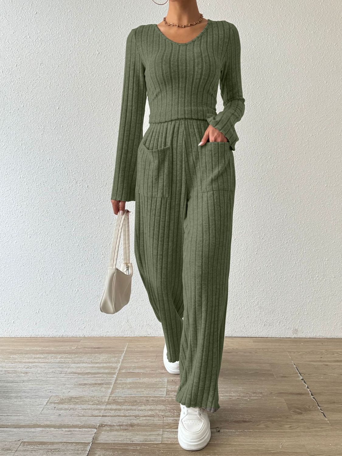 Ribbed Long Sleeve Top and Pants Set