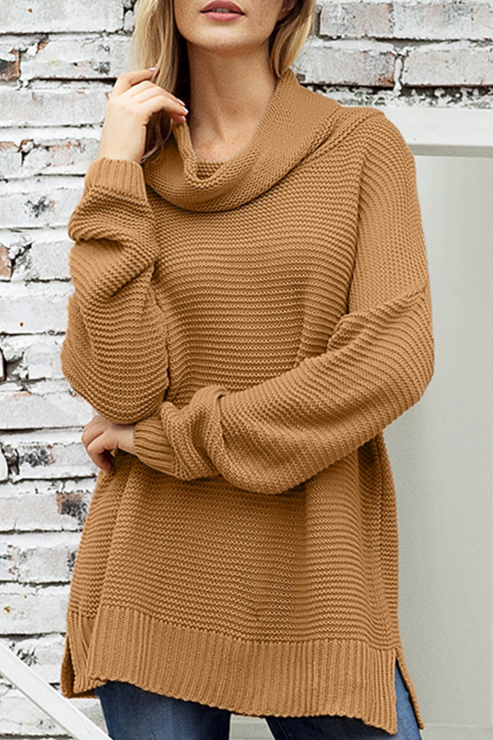 Side Slit Turtleneck Sweater