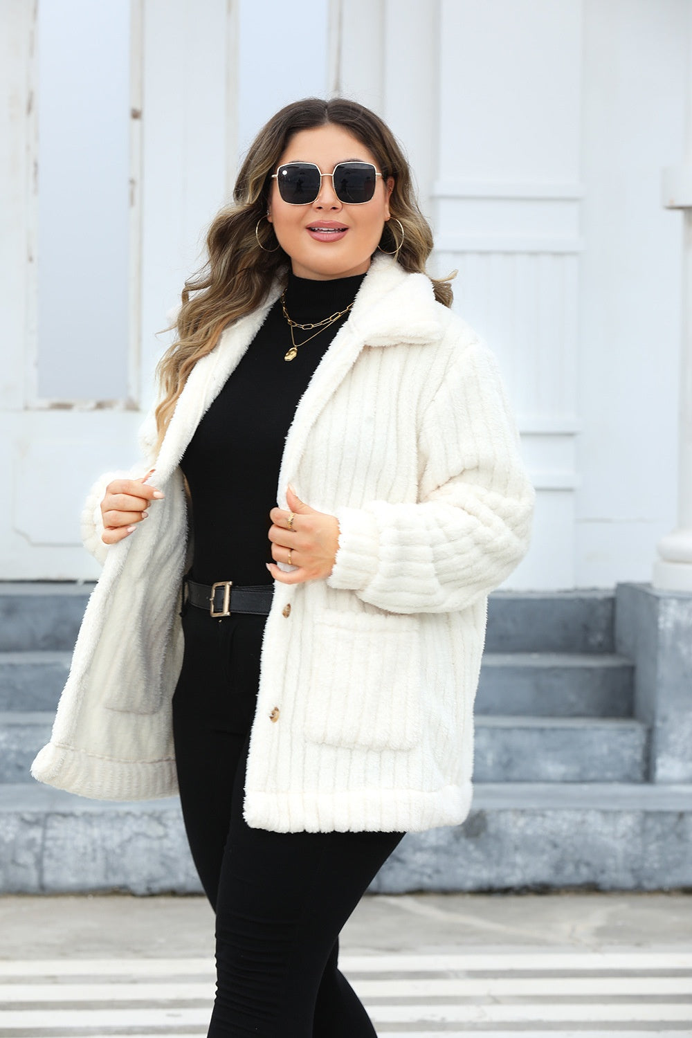 Plus Size Fuzzy Collared Neck Jacket