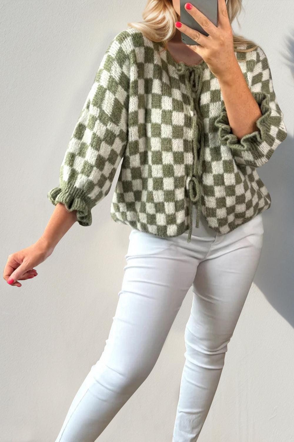 Checkered Flounce Sleeve Cardigan