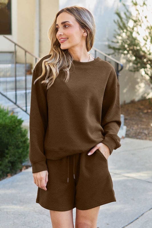 Texture Long Sleeve Top and Shorts Set