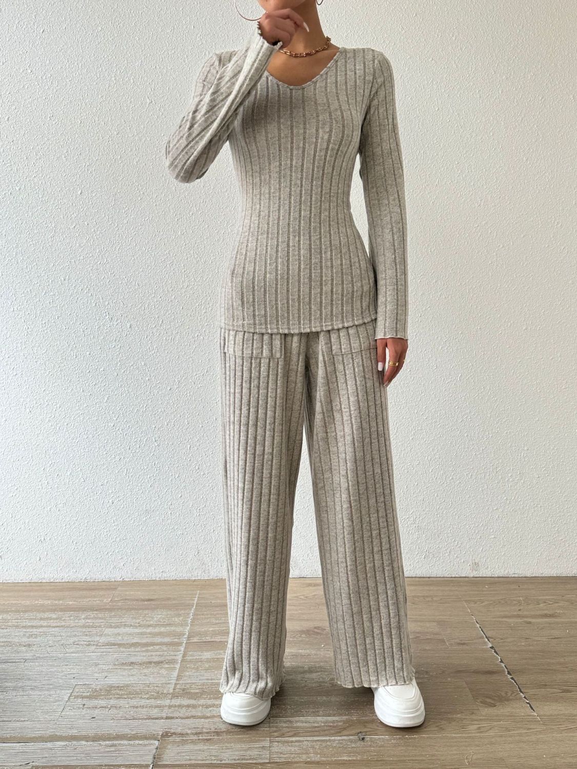 Ribbed Long Sleeve Top and Pants Set