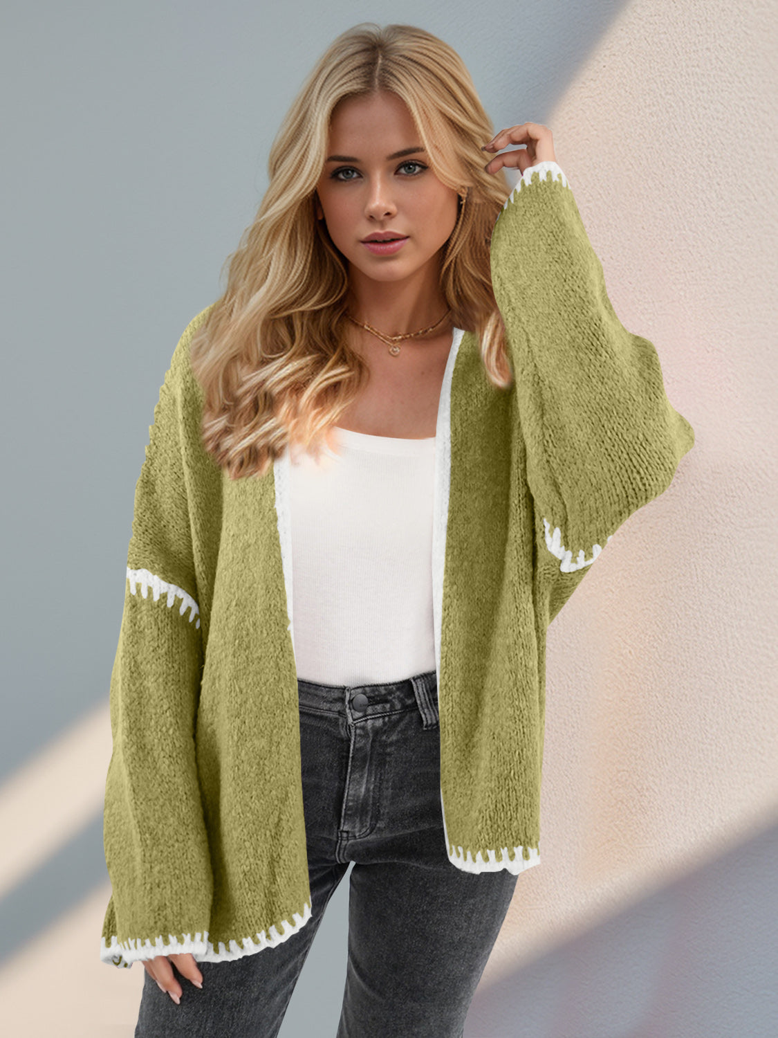 Contrast Stitch Open Front Cardigan