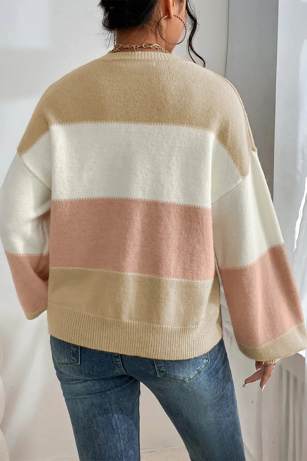 Color Block Lantern Sleeve Sweater