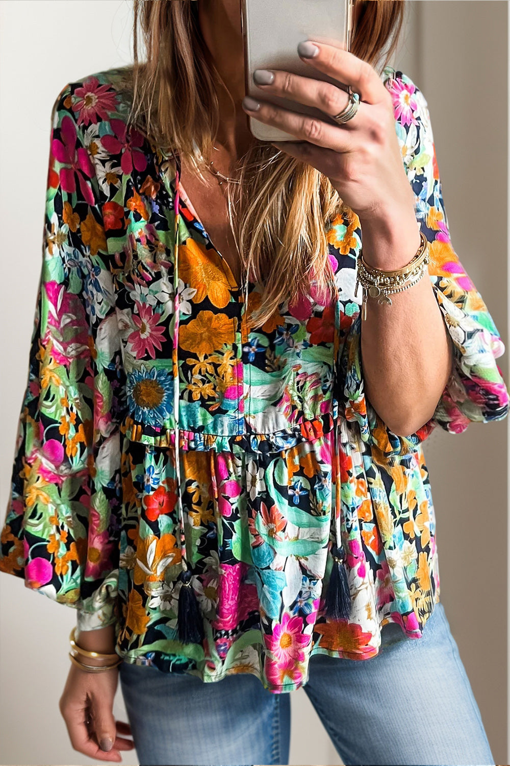 Flower Power Tie Neck Blouse