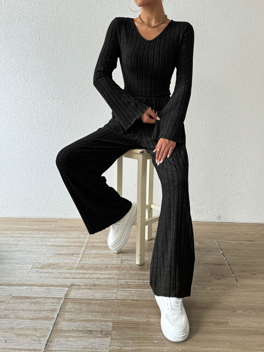 Ribbed Long Sleeve Top and Pants Set