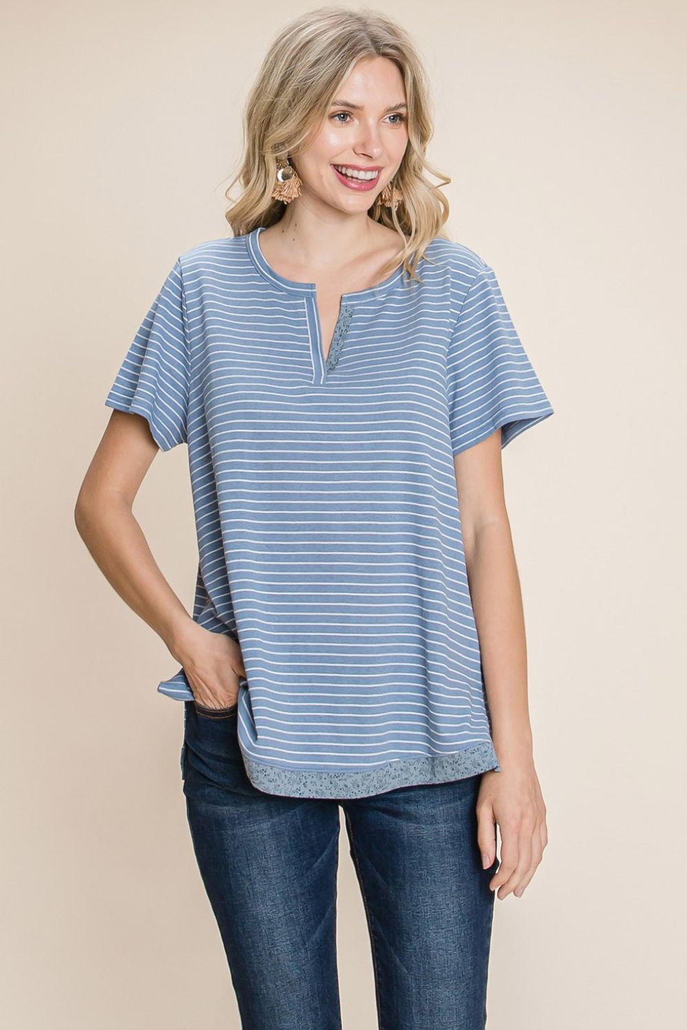 Denim Stripe Notched T-Shirt