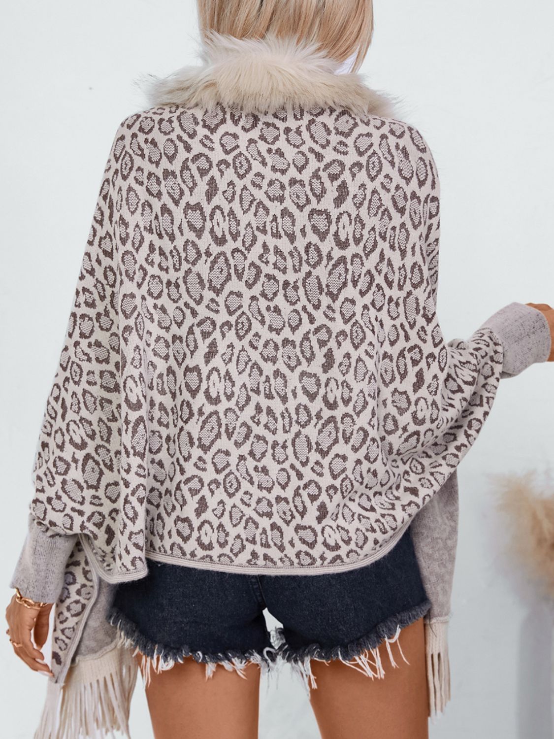 Fringe Leopard Open Front Poncho