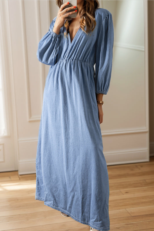 Plunge Three-Quarter Sleeve Denim Dress